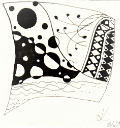 Das Bild zeigt ein von mir erstelltes Tangle, eine Zeichnung mit mehreren ineinander übergehenden Mustern in schwarz-weiß. Es ist entstanden im Juni 2021